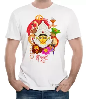 Durga Puja Special T-shirt White Round Neck Half Sleeve T-Shirt for Men