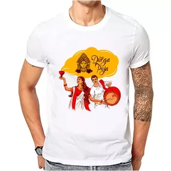 Durga Puja Special T-shirt White Round Neck Half Sleeve T-Shirt for Men